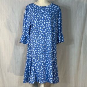 CeCe Swing Dress Light Blue Floral 3/4 Flutter Sleeve Round Neck Jersey EUC L👍